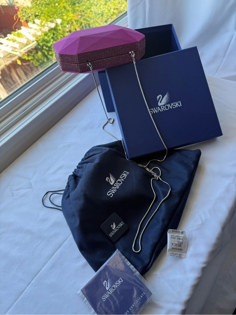 Brand New Swarovski Gala Fuchsia Satin Bag - with Original Box Set